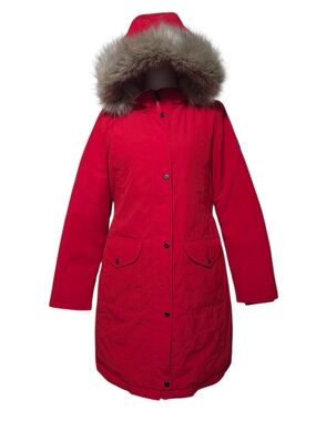 Lauren Ralph Lauren Red Down Long Parka Coat with Faux Fur Trim Hood
